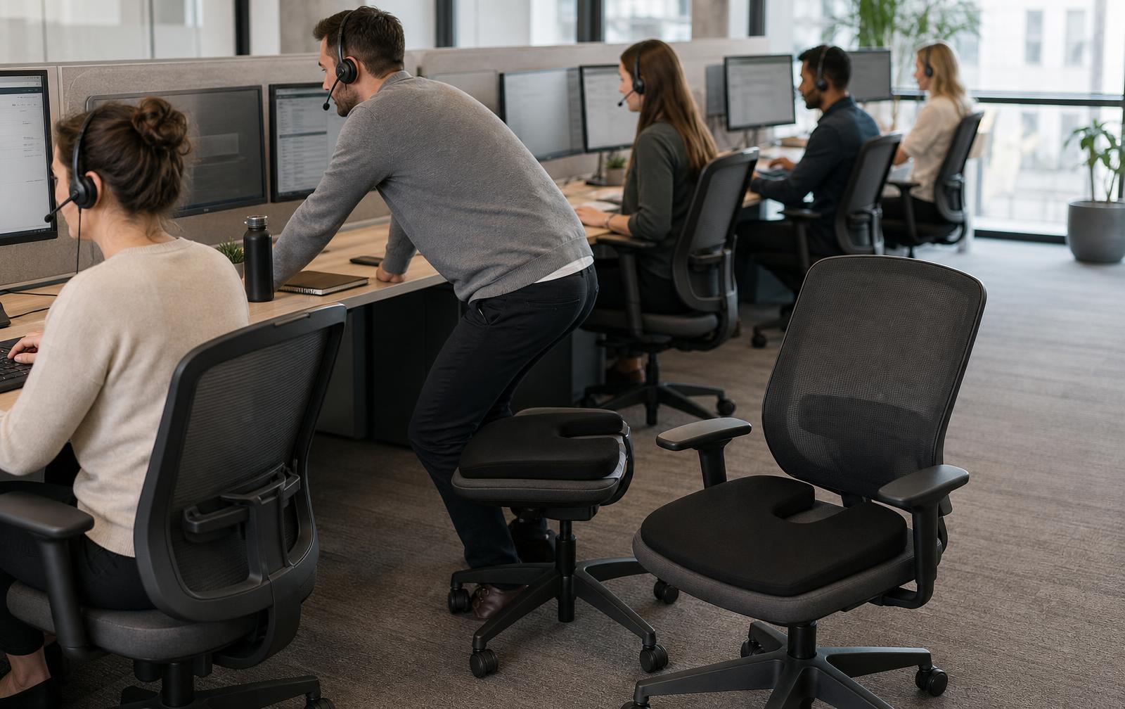 Mehrere Mitarbeitende arbeiten mit Headsets im Großraumbüro und sitzen auf schwarzen BackPal-Sitzkissen