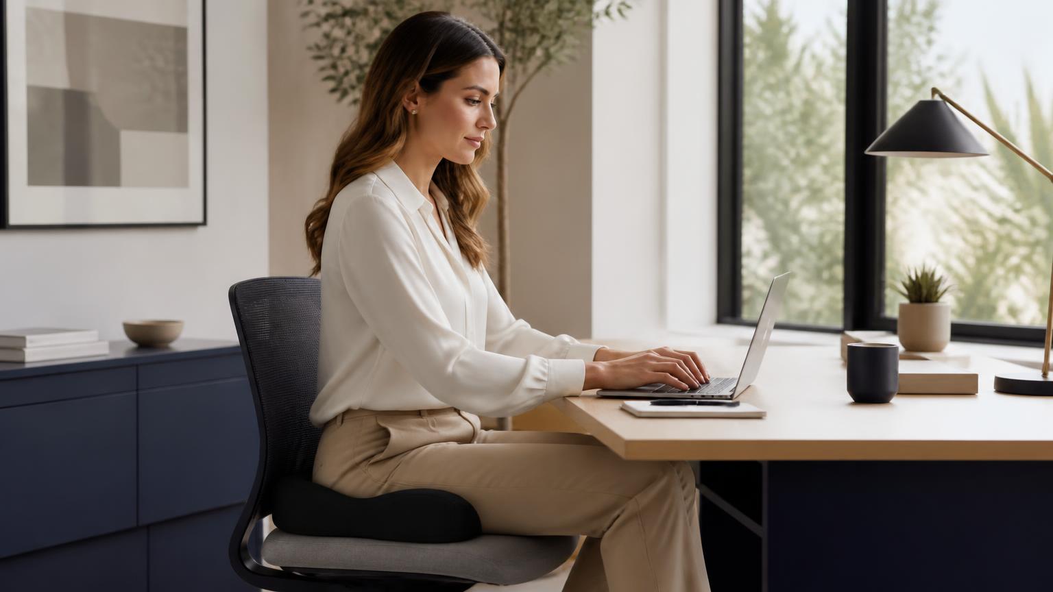 Mitarbeiterin arbeitet am Laptop und sitzt auf einem schwarzen BackPal-Sitzkissen