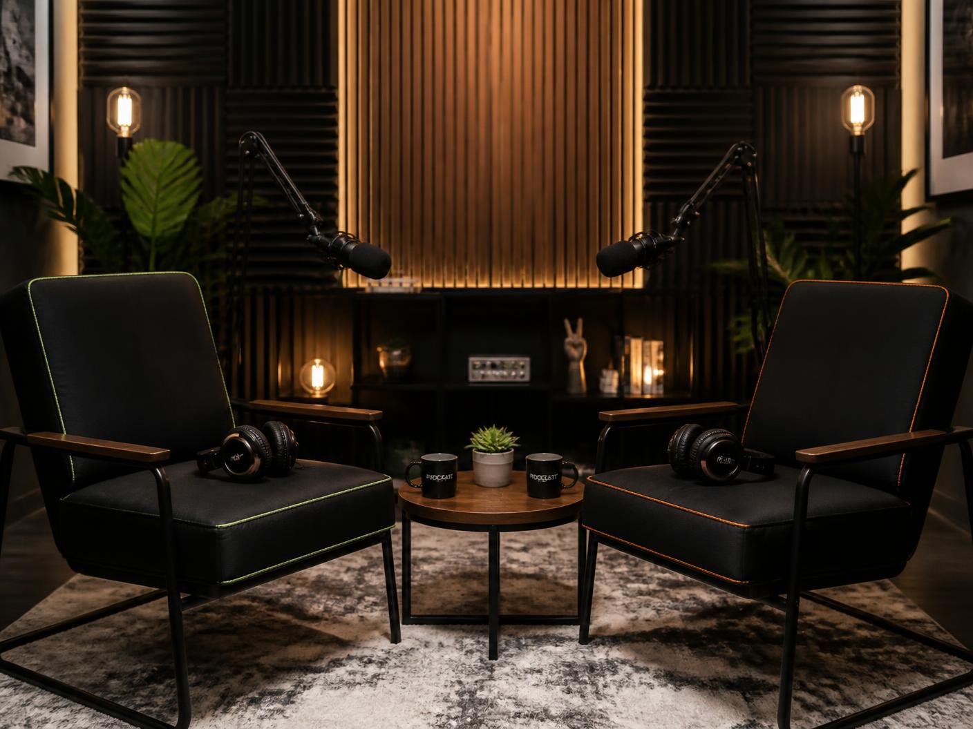 Podcast-Studio mit zwei Stühlen mit Neon-Sitzkissen, Mikrofonen und Akustikpaneelen