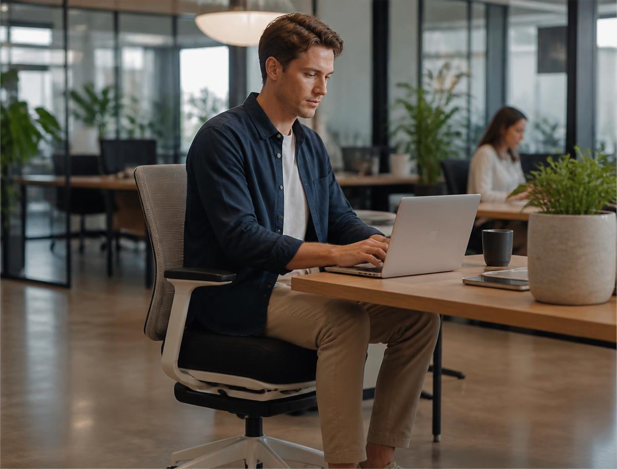 Junger Mann im Coworking Space mit ergonomischem Sitzkissen