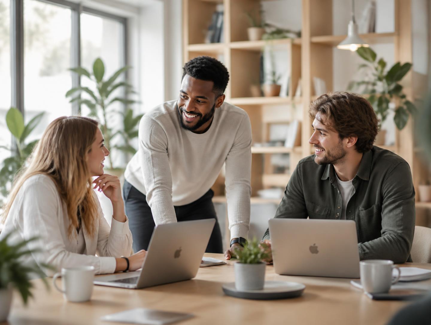 Junge Professionals arbeiten entspannt in einem hellen, modernen Büro