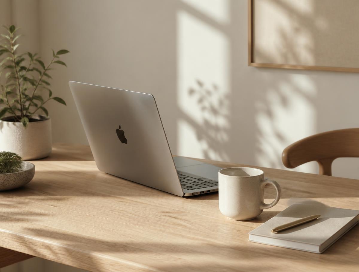 Minimalistischer Schreibtisch mit MacBook, Pflanzen und natürlichem Licht