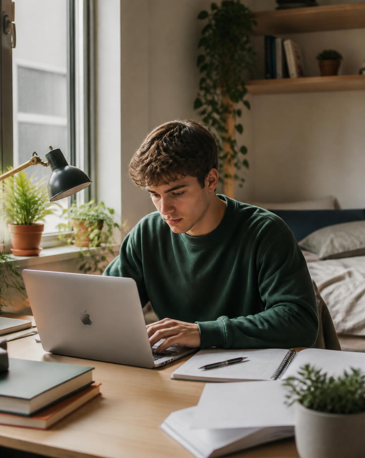Student arbeitet konzentriert am MacBook im hellen Zimmer